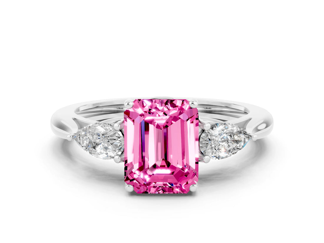 White gold Three-Stone Emerald Cut Pink Sapphire Ring with Pear  Side Stones in Four-Prong Setting_12