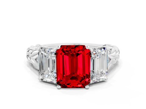 White gold Three-Stone Emerald Cut Ruby Braided Band Ring with Four-Prong Setting_36