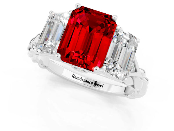 White gold Three-Stone Emerald Cut Ruby Braided Band Ring with Four-Prong Setting