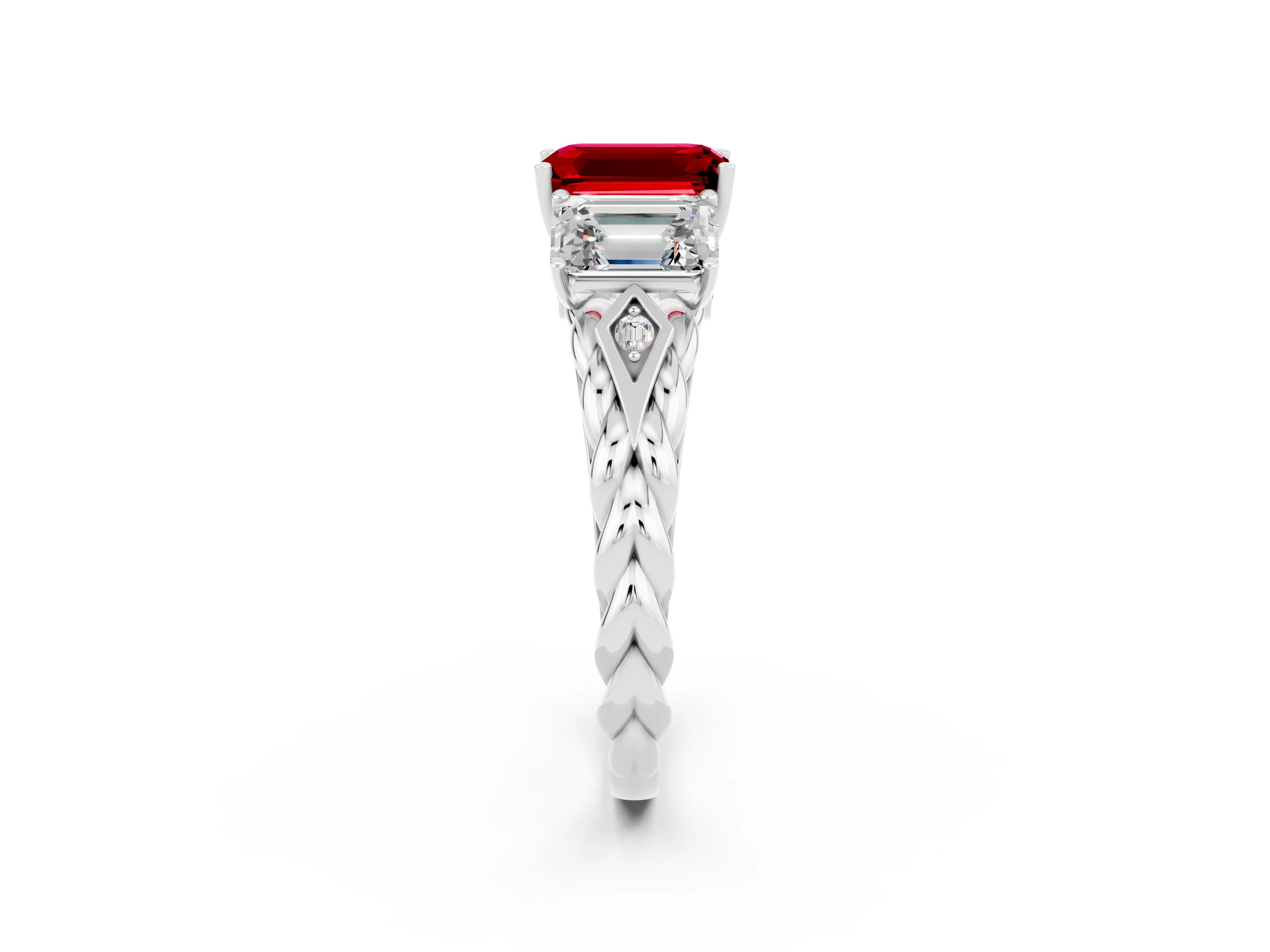 White gold Three-Stone Emerald Cut Ruby Braided Band Ring with Four-Prong Setting_38