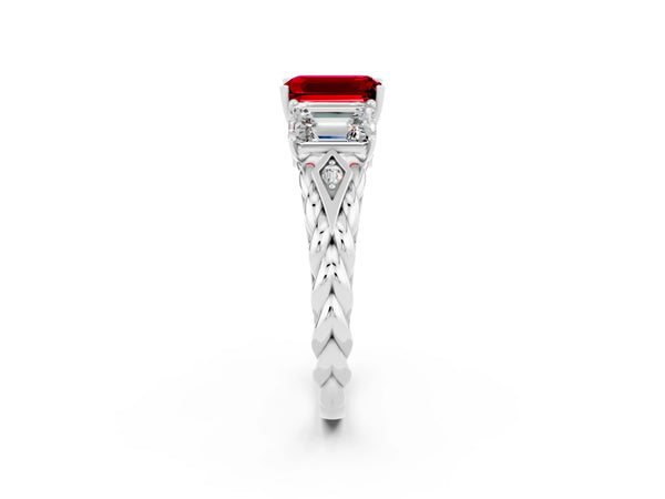 White gold Three-Stone Emerald Cut Ruby Braided Band Ring with Four-Prong Setting