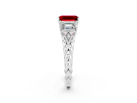 White gold Three-Stone Emerald Cut Ruby Braided Band Ring with Four-Prong Setting_38