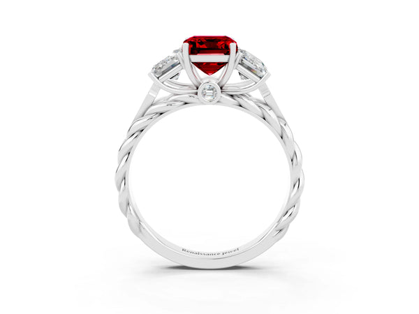 Platinum Three-Stone Emerald Cut Ruby Braided Band Ring with Four-Prong Setting