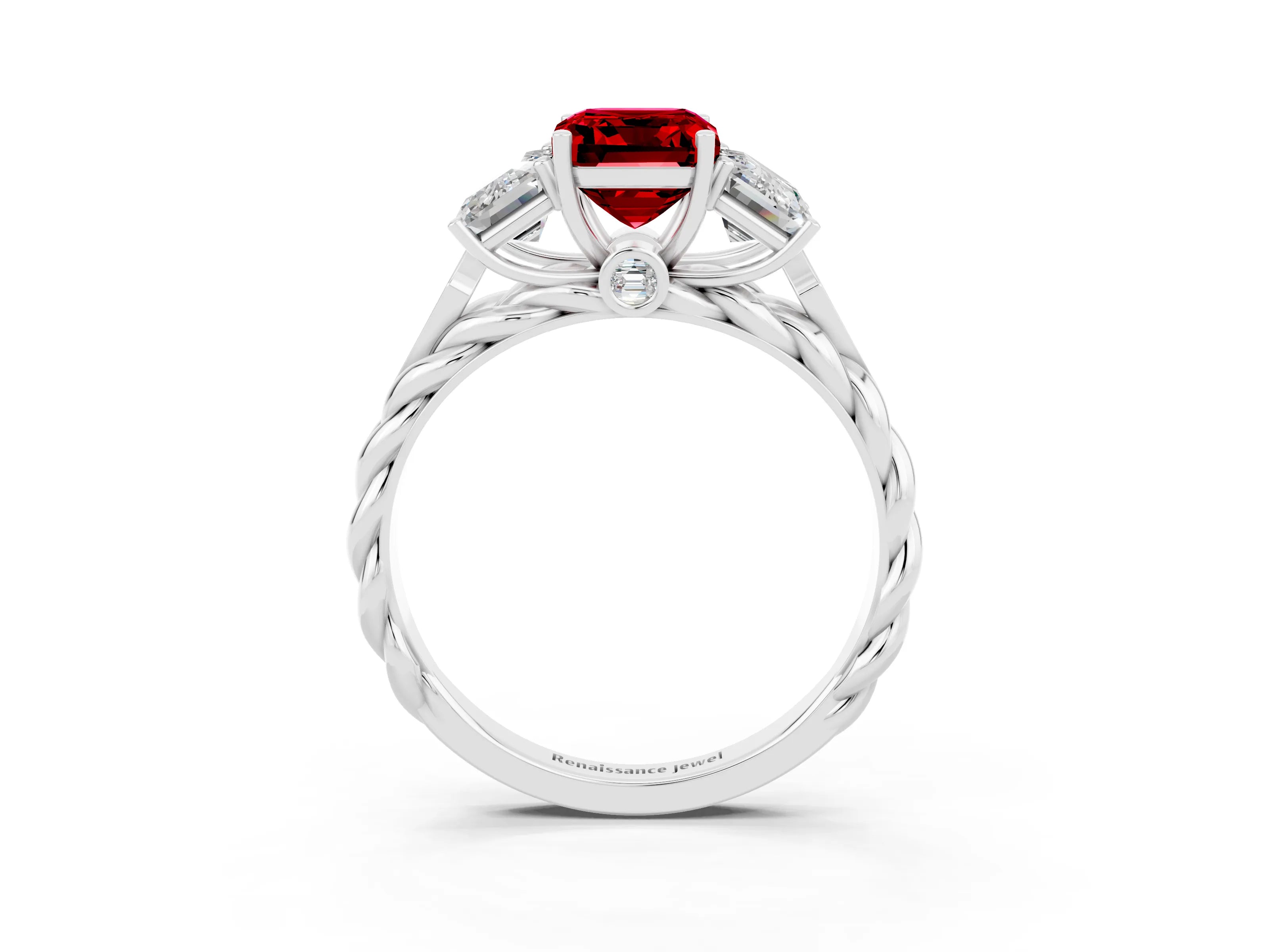 White gold Three-Stone Emerald Cut Ruby Braided Band Ring with Four-Prong Setting_39