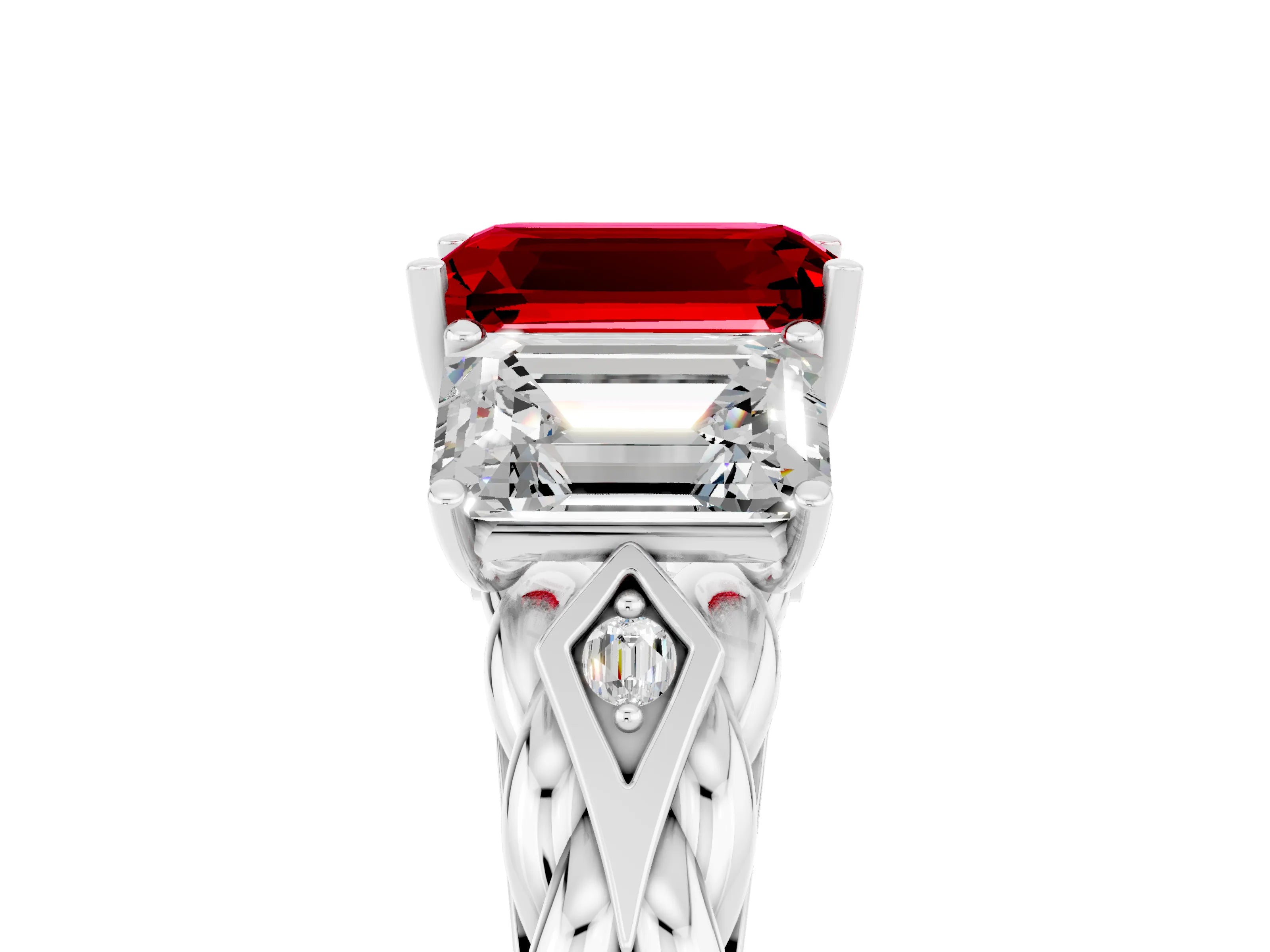 White gold Three-Stone Emerald Cut Ruby Braided Band Ring with Four-Prong Setting_41