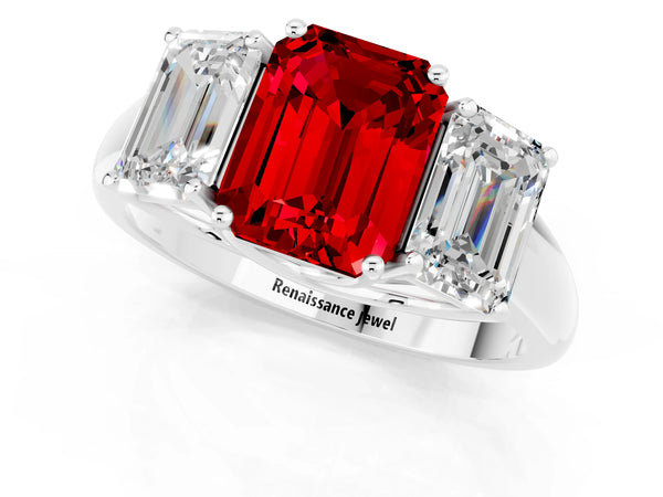 Silver Three-Stone Emerald Cut Ruby Engagement Ring with Prong Setting