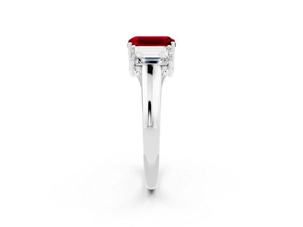 Platinum Three-Stone Emerald Cut Ruby Engagement Ring with Prong Setting