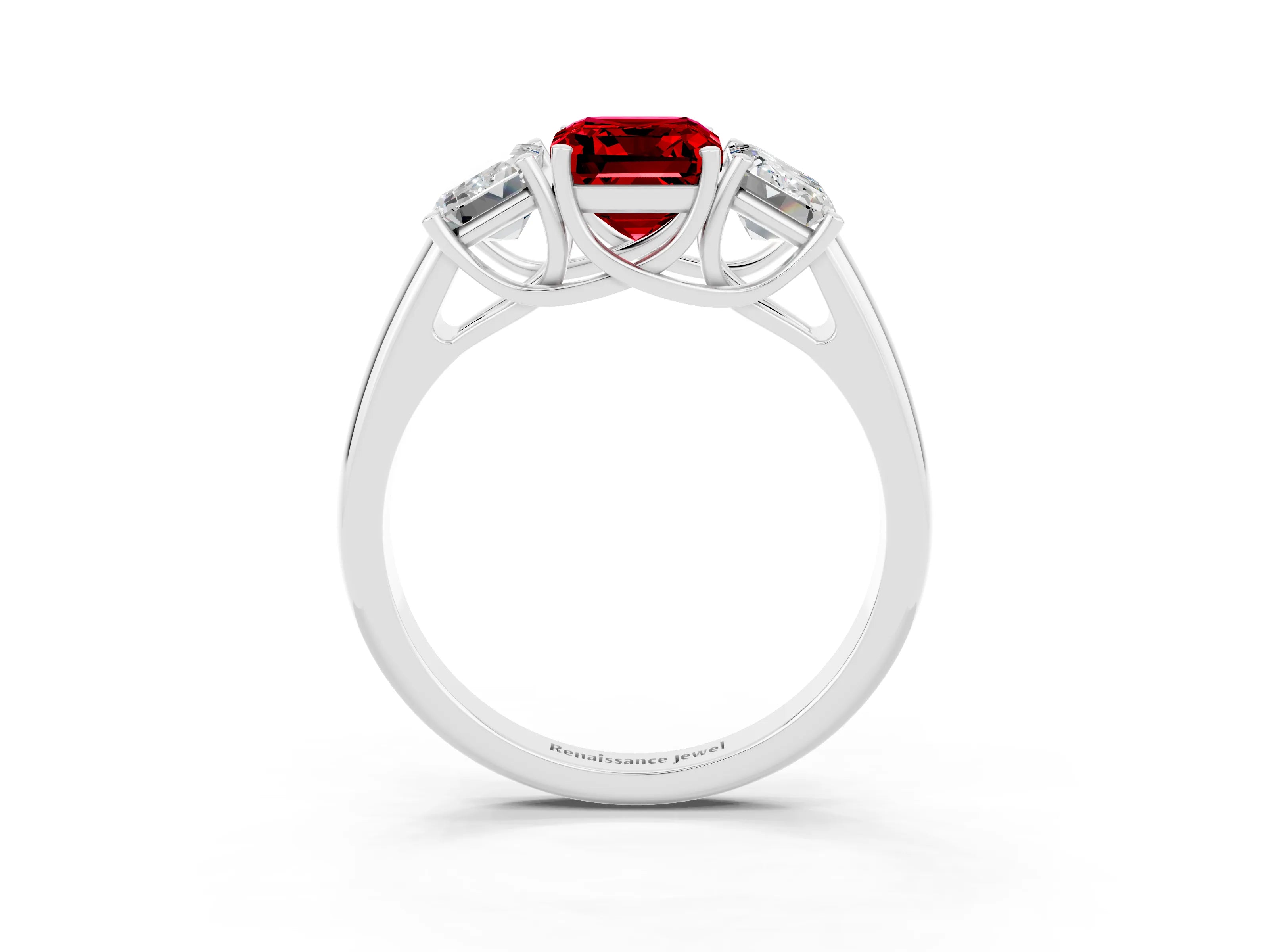 White gold Three-Stone Emerald Cut Ruby Engagement Ring with Prong Setting_3