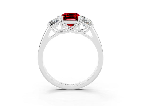 Platinum Three-Stone Emerald Cut Ruby Engagement Ring with Prong Setting