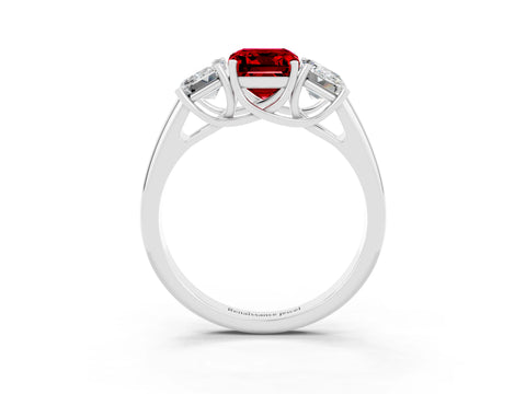 White gold Three-Stone Emerald Cut Ruby Engagement Ring with Prong Setting_3