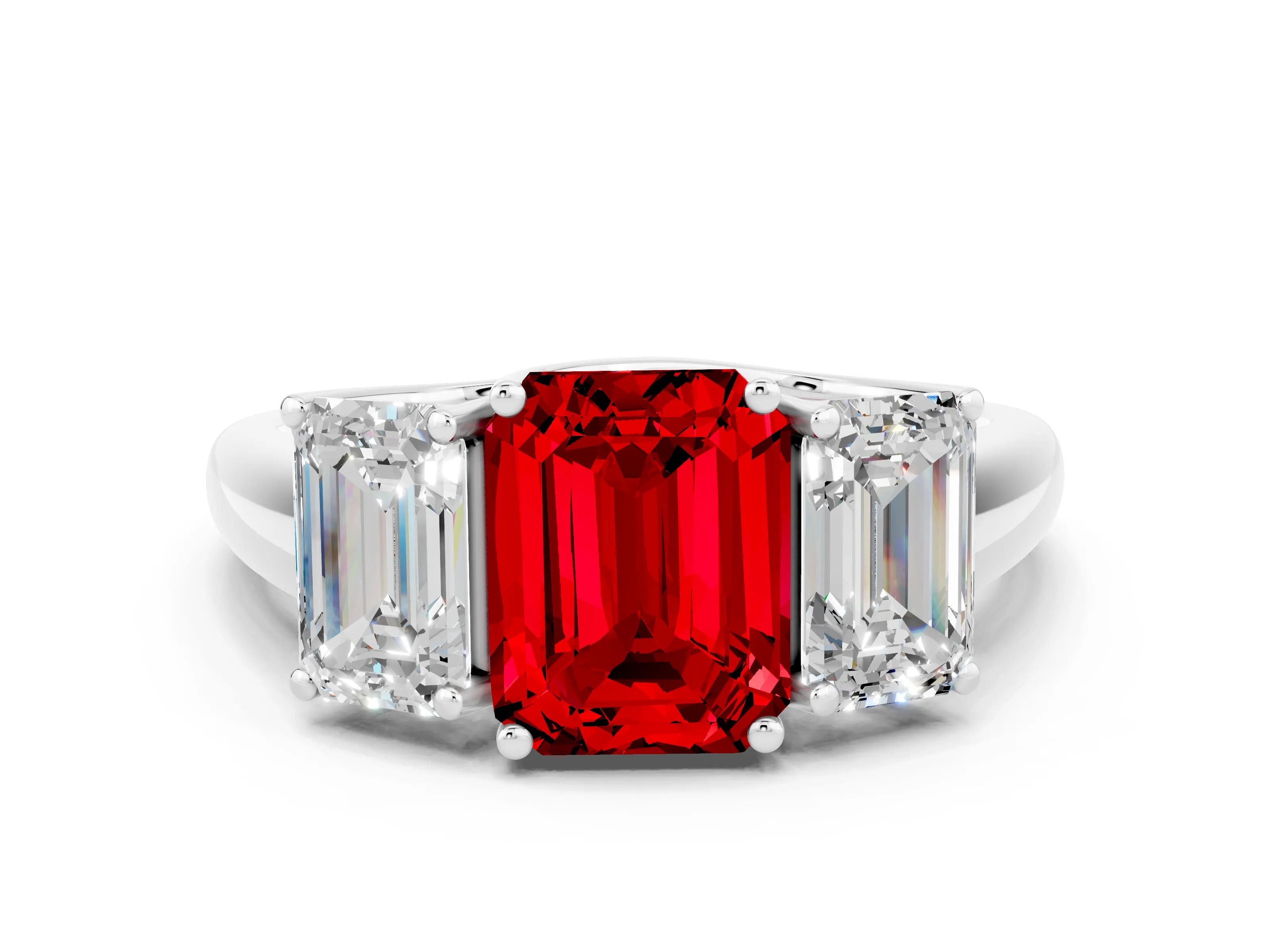 White gold Three-Stone Emerald Cut Ruby Engagement Ring with Prong Setting
