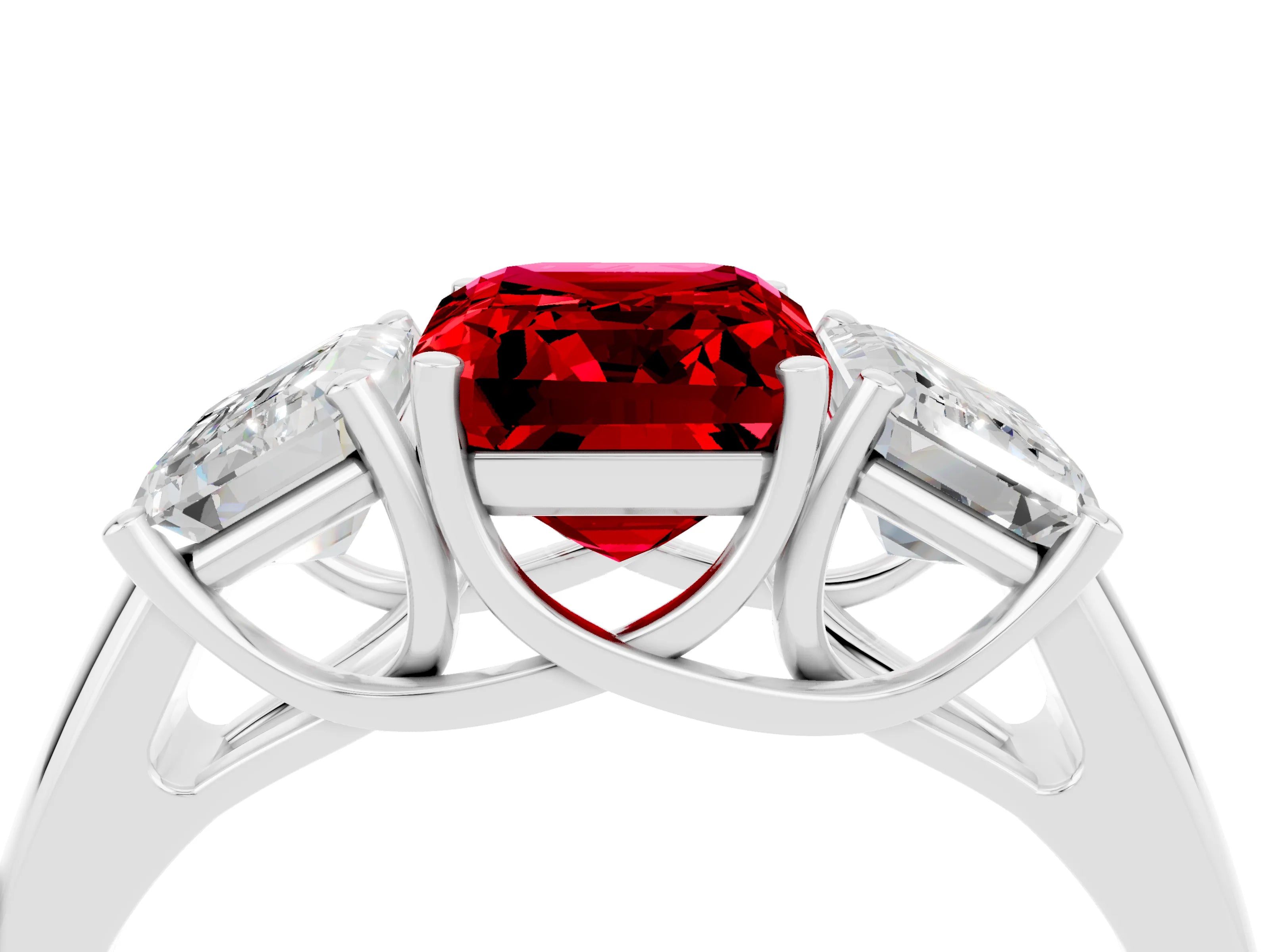 White gold Three-Stone Emerald Cut Ruby Engagement Ring with Prong Setting_4