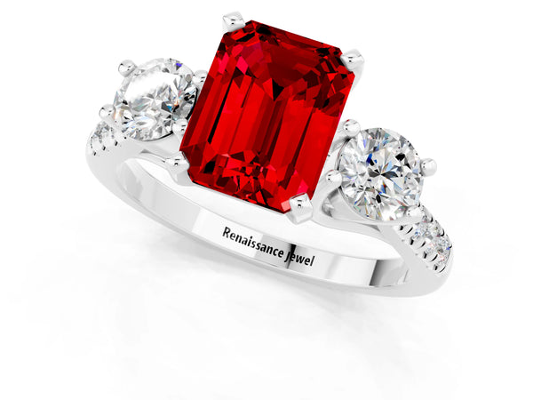 Silver Three-Stone Emerald Cut Ruby Pavé Band with Four-Prong Setting