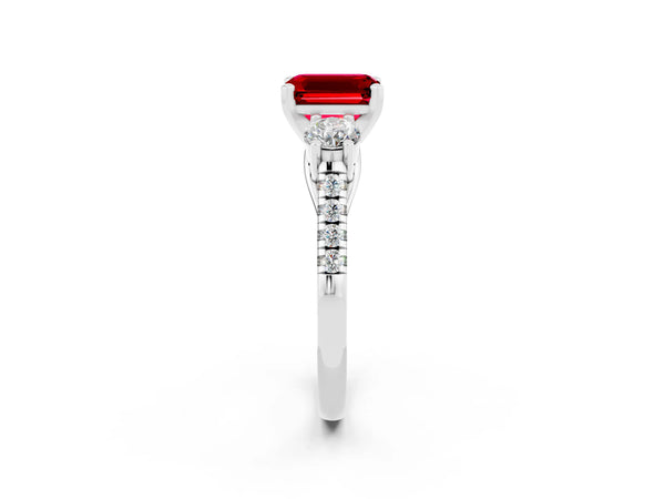 Platinum Three-Stone Emerald Cut Ruby Pavé Band with Four-Prong Setting
