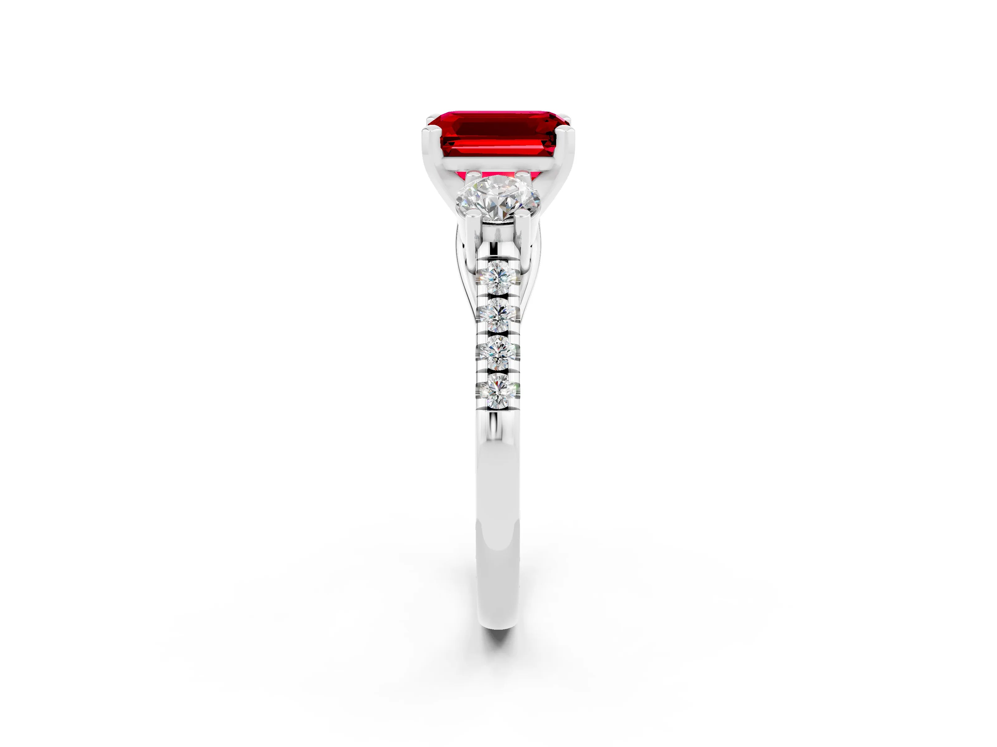 White gold Three-Stone Emerald Cut Ruby Pavé Band with Four-Prong Setting_2
