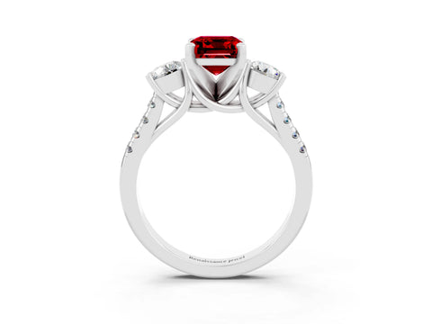 White gold Three-Stone Emerald Cut Ruby Pavé Band with Four-Prong Setting_3