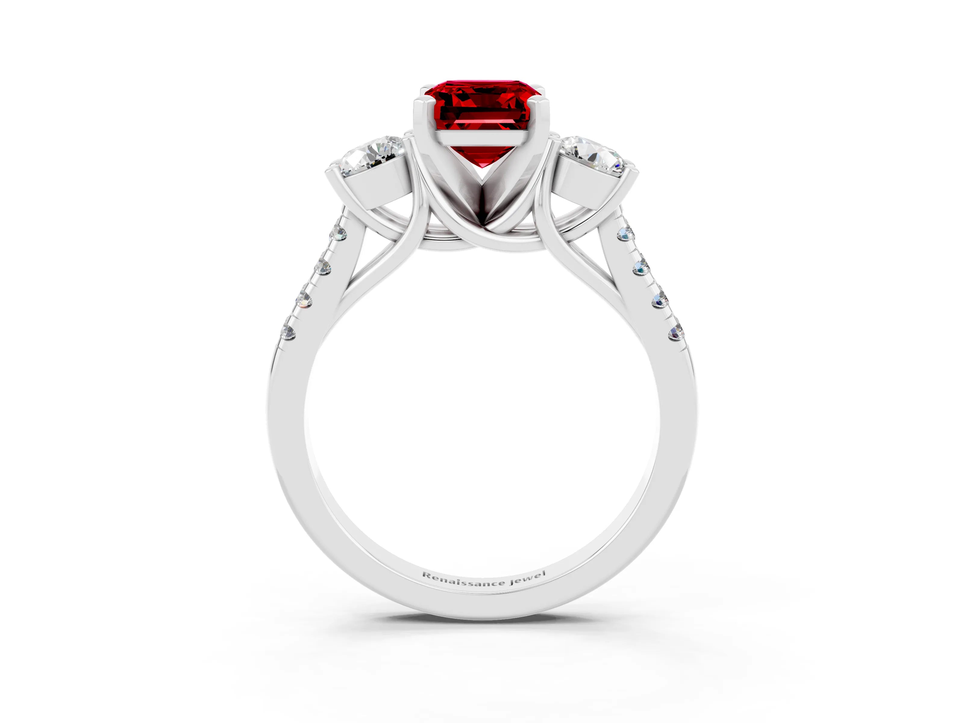 White gold Three-Stone Emerald Cut Ruby Pavé Band with Four-Prong Setting_3
