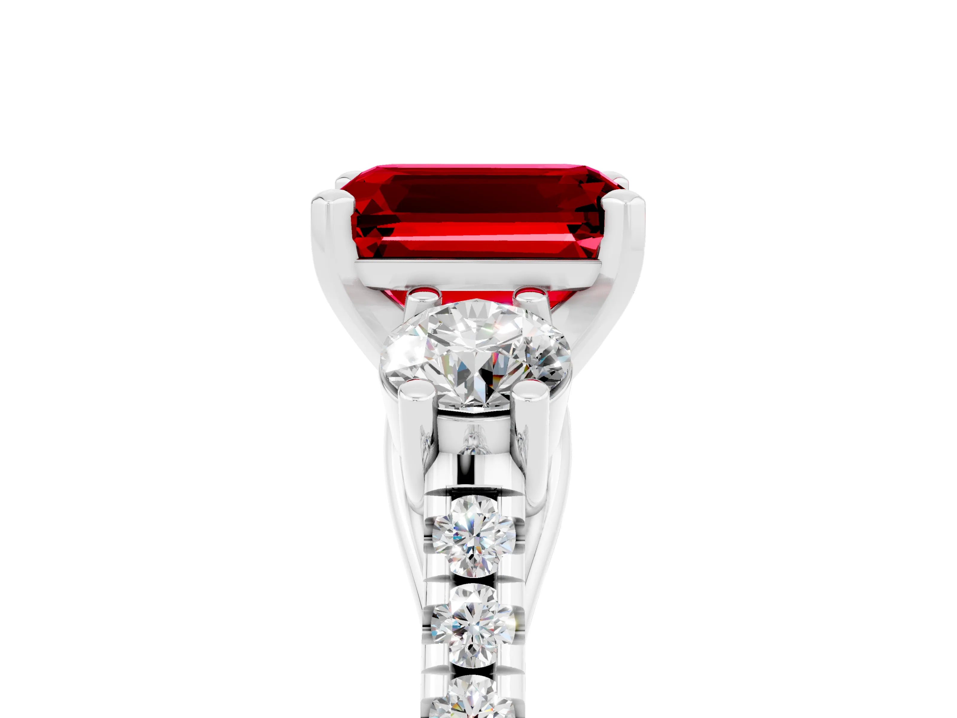 White gold Three-Stone Emerald Cut Ruby Pavé Band with Four-Prong Setting_5