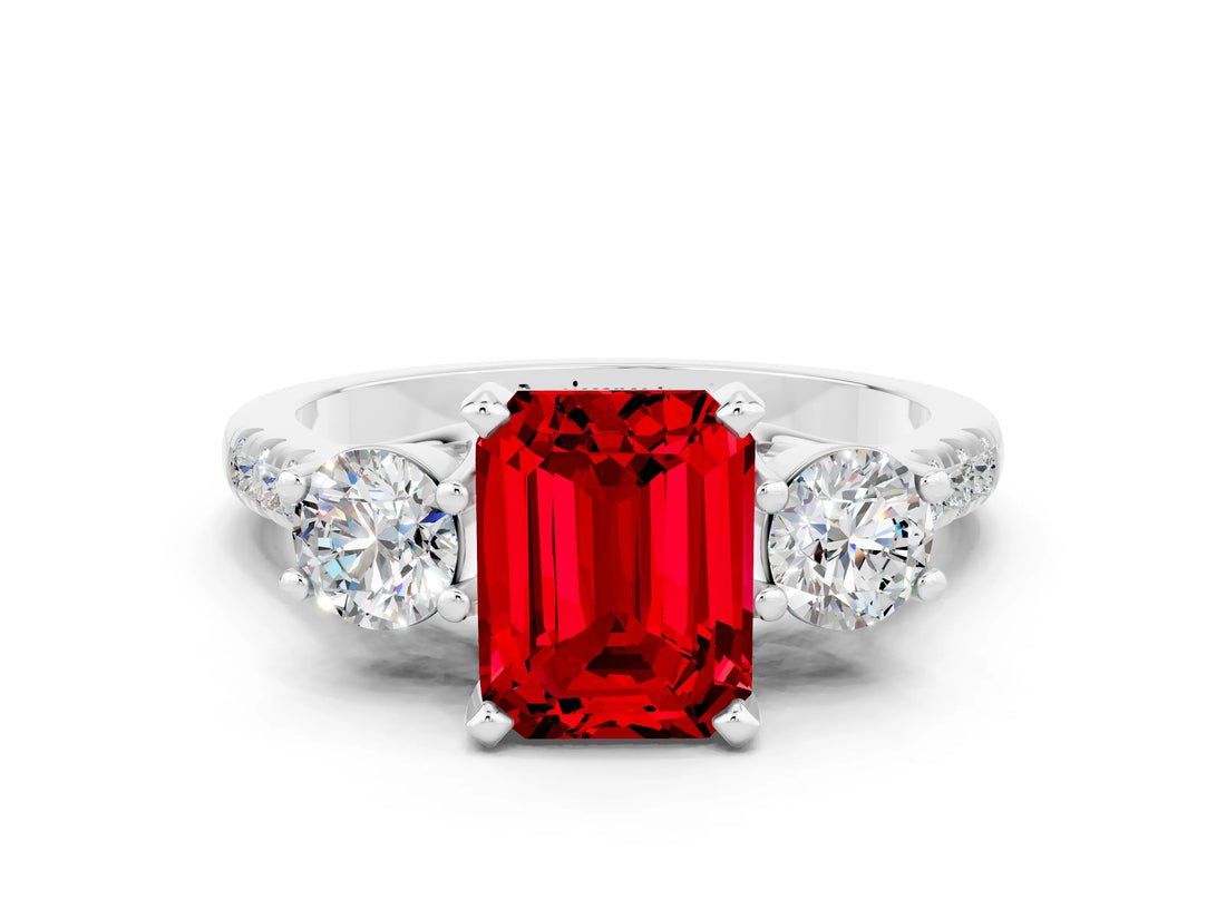 White gold Three-Stone Emerald Cut Ruby Pavé Band with Four-Prong Setting