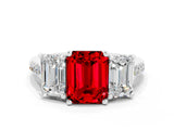 White gold Three-Stone Emerald Cut Ruby Ring with Pavé Band and Prong Setting_12