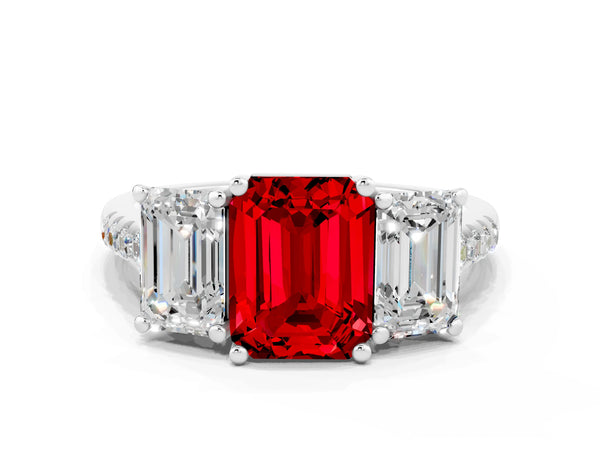 Silver Three-Stone Emerald Cut Ruby Ring with Round  Pavé Band and Prong Setting