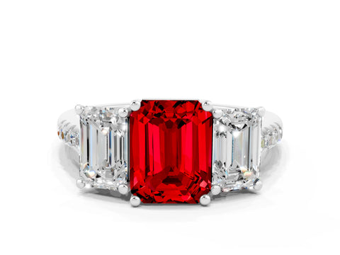 White gold Three-Stone Emerald Cut Ruby Ring with Pavé Band and Prong Setting_12