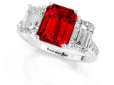 White gold Three-Stone Emerald Cut Ruby Ring with Pavé Band and Prong Setting_13