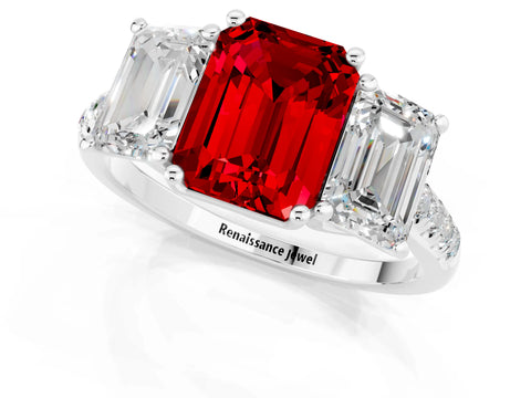 White gold Three-Stone Emerald Cut Ruby Ring with Pavé Band and Prong Setting_13
