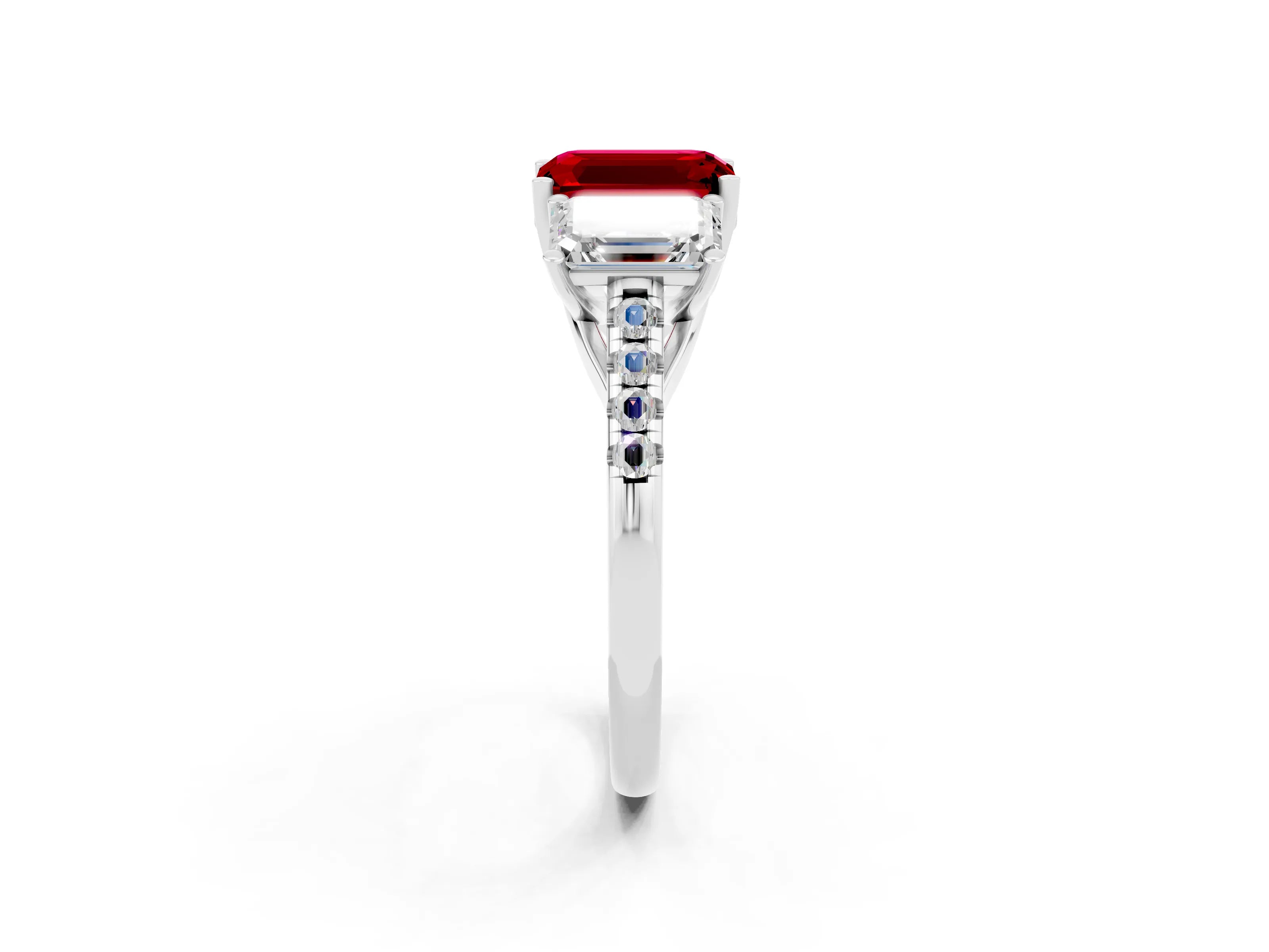 White gold Three-Stone Emerald Cut Ruby Ring with Pavé Band and Prong Setting_14