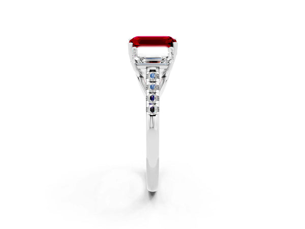 Silver Three-Stone Emerald Cut Ruby Ring with Round  Pavé Band and Prong Setting