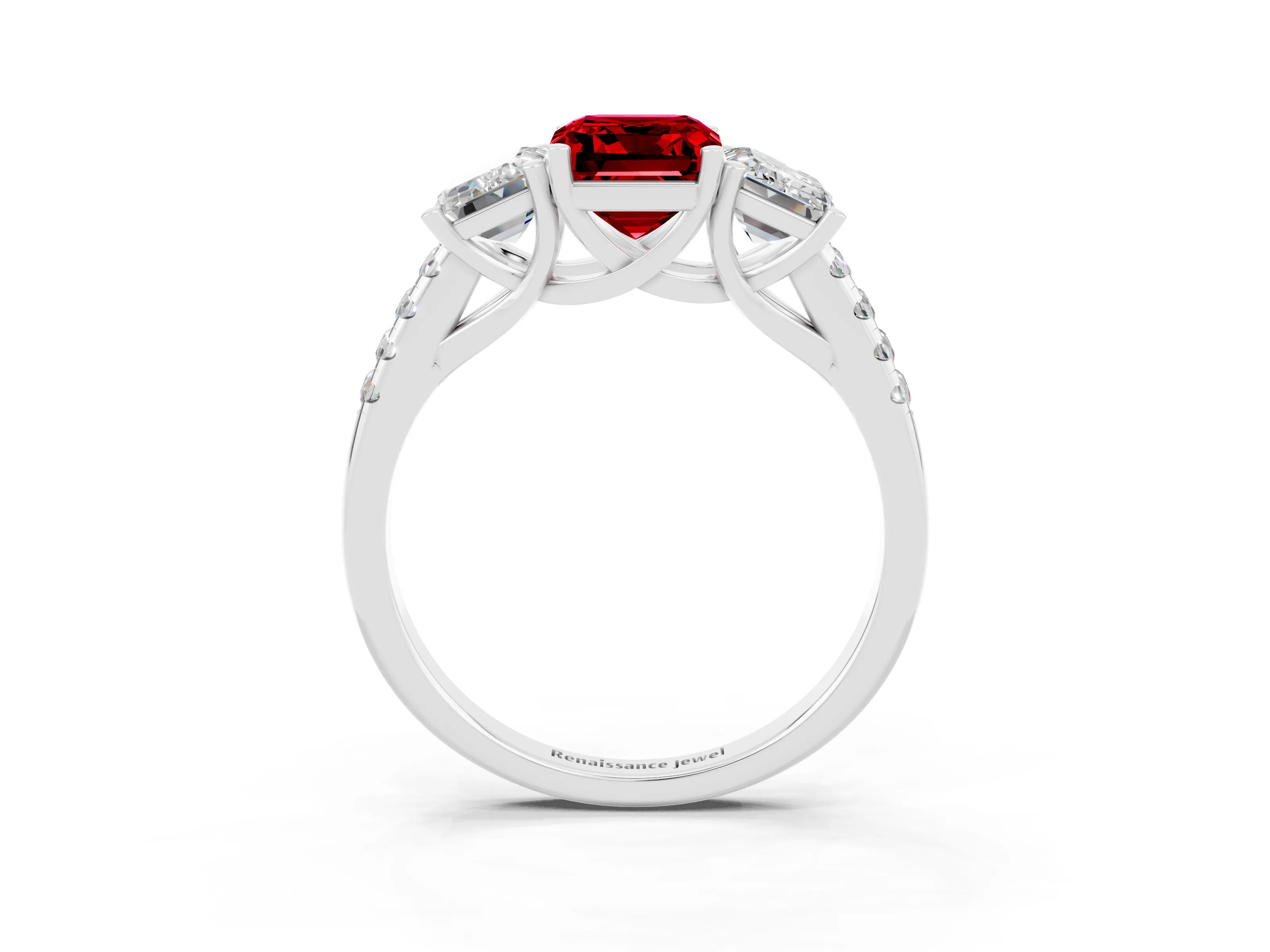 White gold Three-Stone Emerald Cut Ruby Ring with Pavé Band and Prong Setting_15