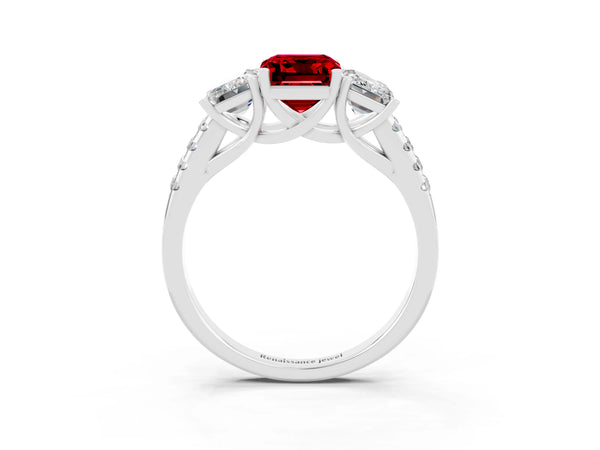 Silver Three-Stone Emerald Cut Ruby Ring with Round  Pavé Band and Prong Setting