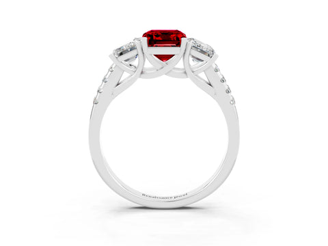 White gold Three-Stone Emerald Cut Ruby Ring with Pavé Band and Prong Setting_15