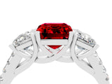 White gold Three-Stone Emerald Cut Ruby Ring with Pavé Band and Prong Setting_16