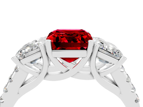 White gold Three-Stone Emerald Cut Ruby Ring with Pavé Band and Prong Setting_16