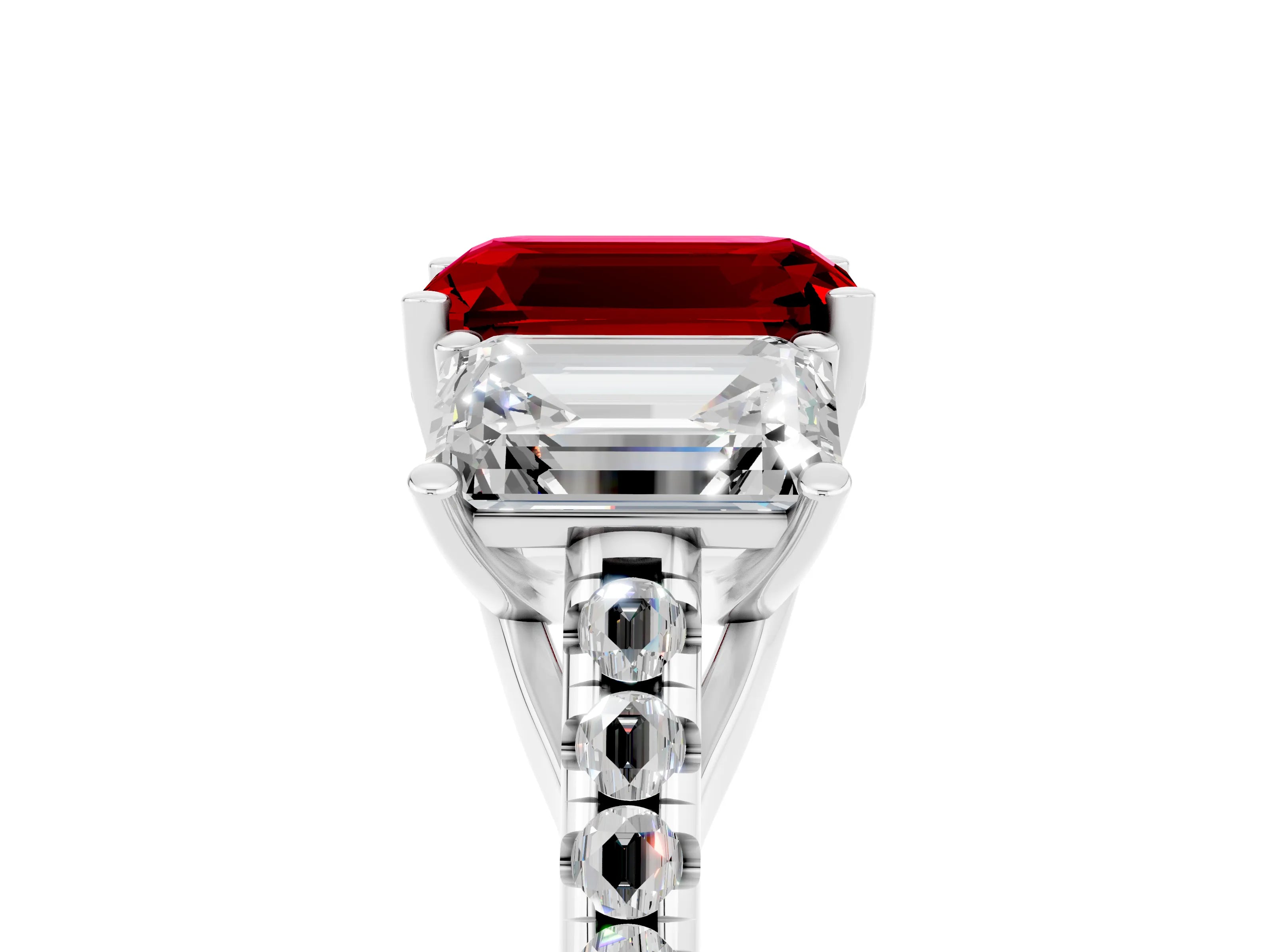 White gold Three-Stone Emerald Cut Ruby Ring with Pavé Band and Prong Setting_17