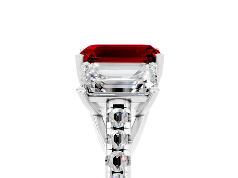 White gold Three-Stone Emerald Cut Ruby Ring with Pavé Band and Prong Setting_17