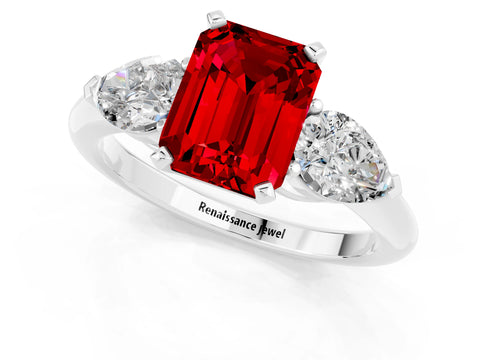 White gold Three-Stone Emerald Cut Ruby Ring with Pear Side Stones and Four-Prong Setting_1