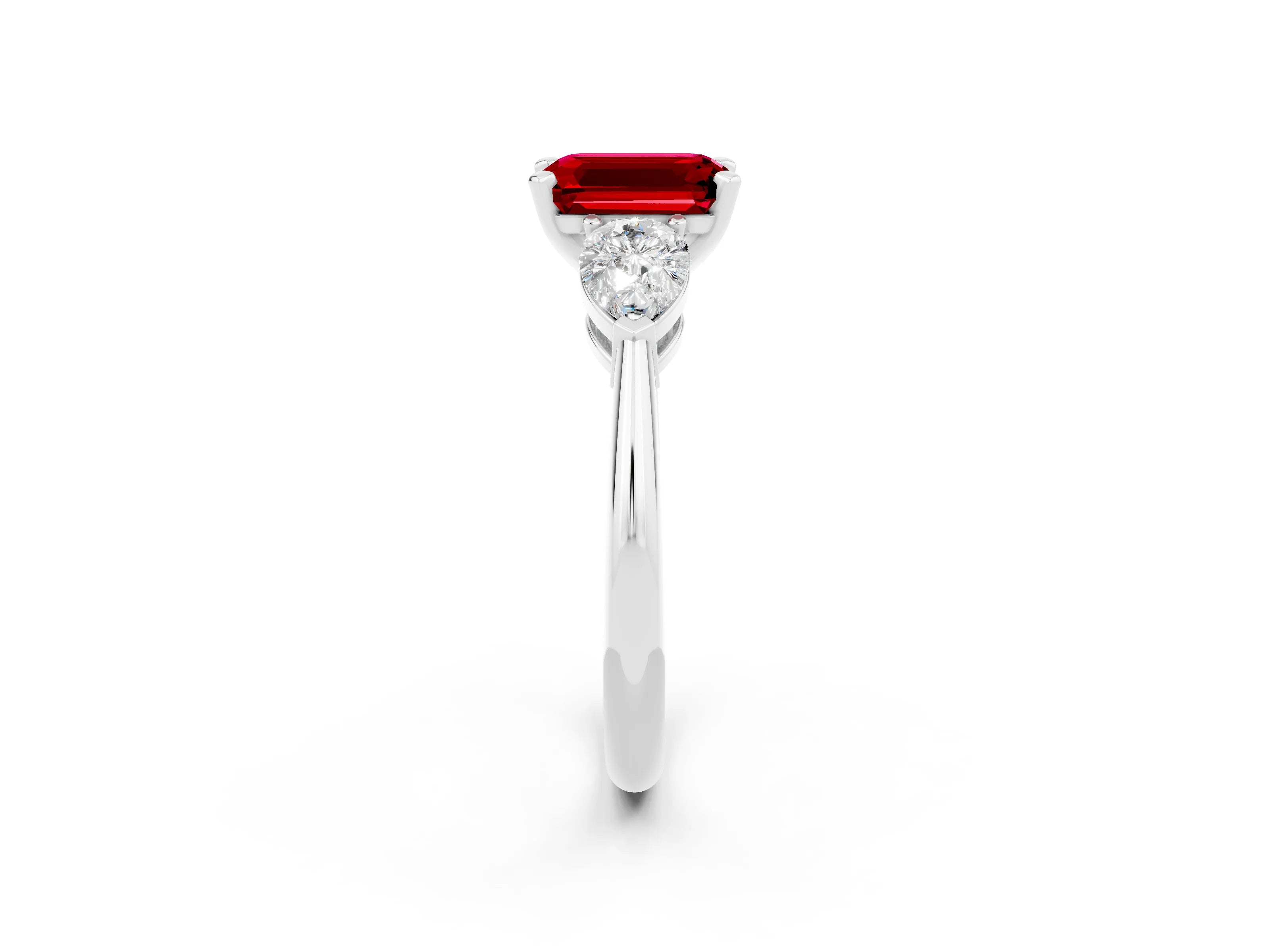 White gold Three-Stone Emerald Cut Ruby Ring with Pear Side Stones and Four-Prong Setting_2