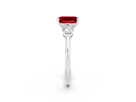White gold Three-Stone Emerald Cut Ruby Ring with Pear Side Stones and Four-Prong Setting_2