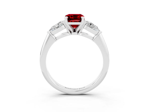 Silver Three-Stone Emerald Cut Ruby Ring with Pear Side Stones and Four-Prong Setting