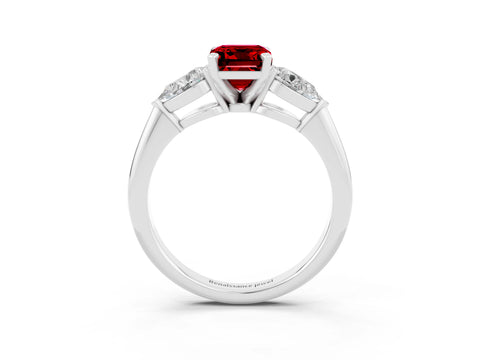 White gold Three-Stone Emerald Cut Ruby Ring with Pear Side Stones and Four-Prong Setting_3
