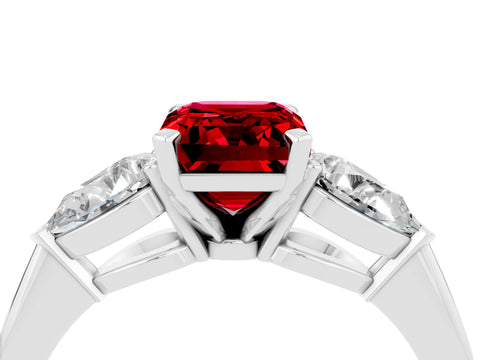 White gold Three-Stone Emerald Cut Ruby Ring with Pear Side Stones and Four-Prong Setting_4