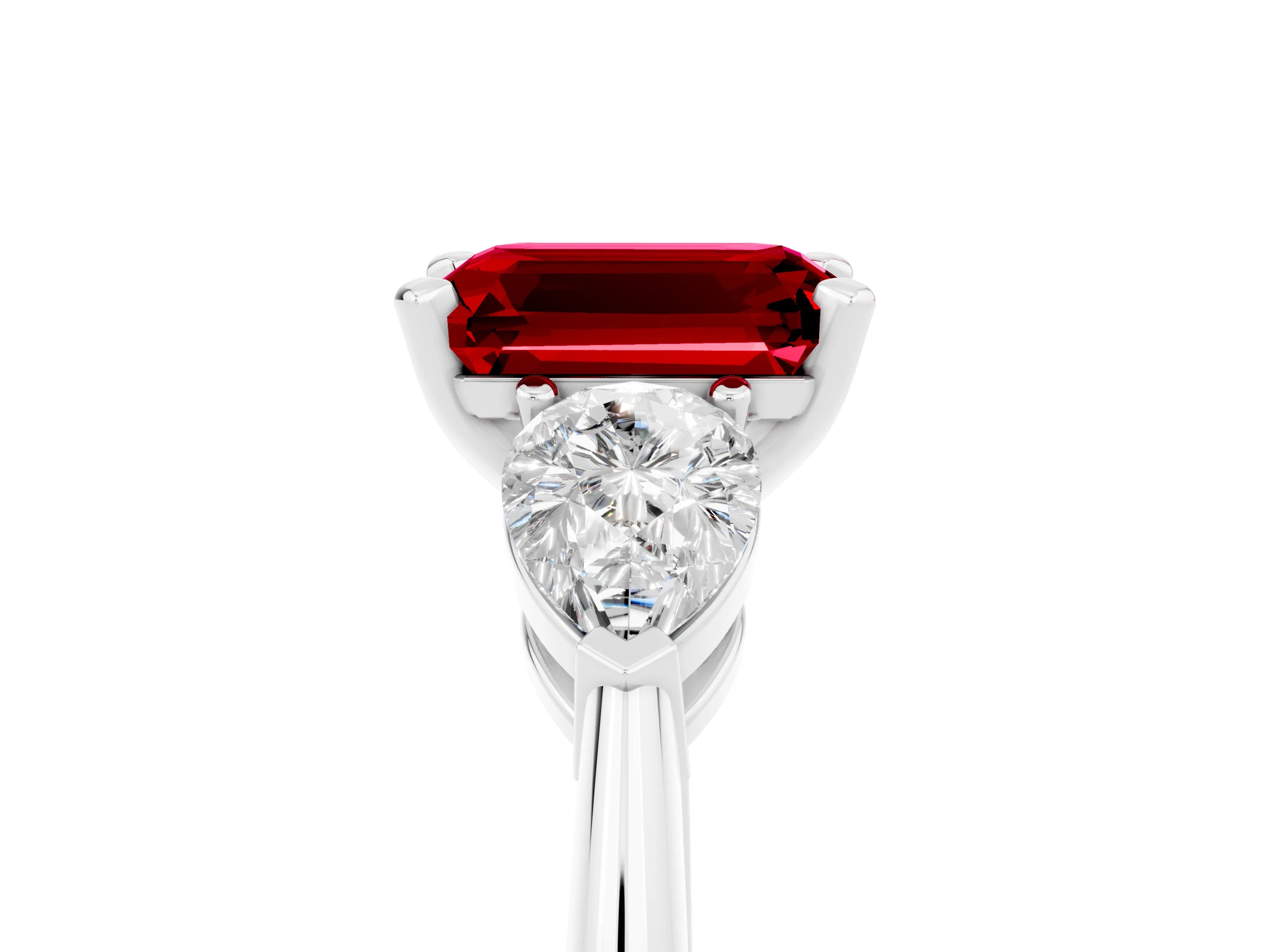 White gold Three-Stone Emerald Cut Ruby Ring with Pear Side Stones and Four-Prong Setting_5