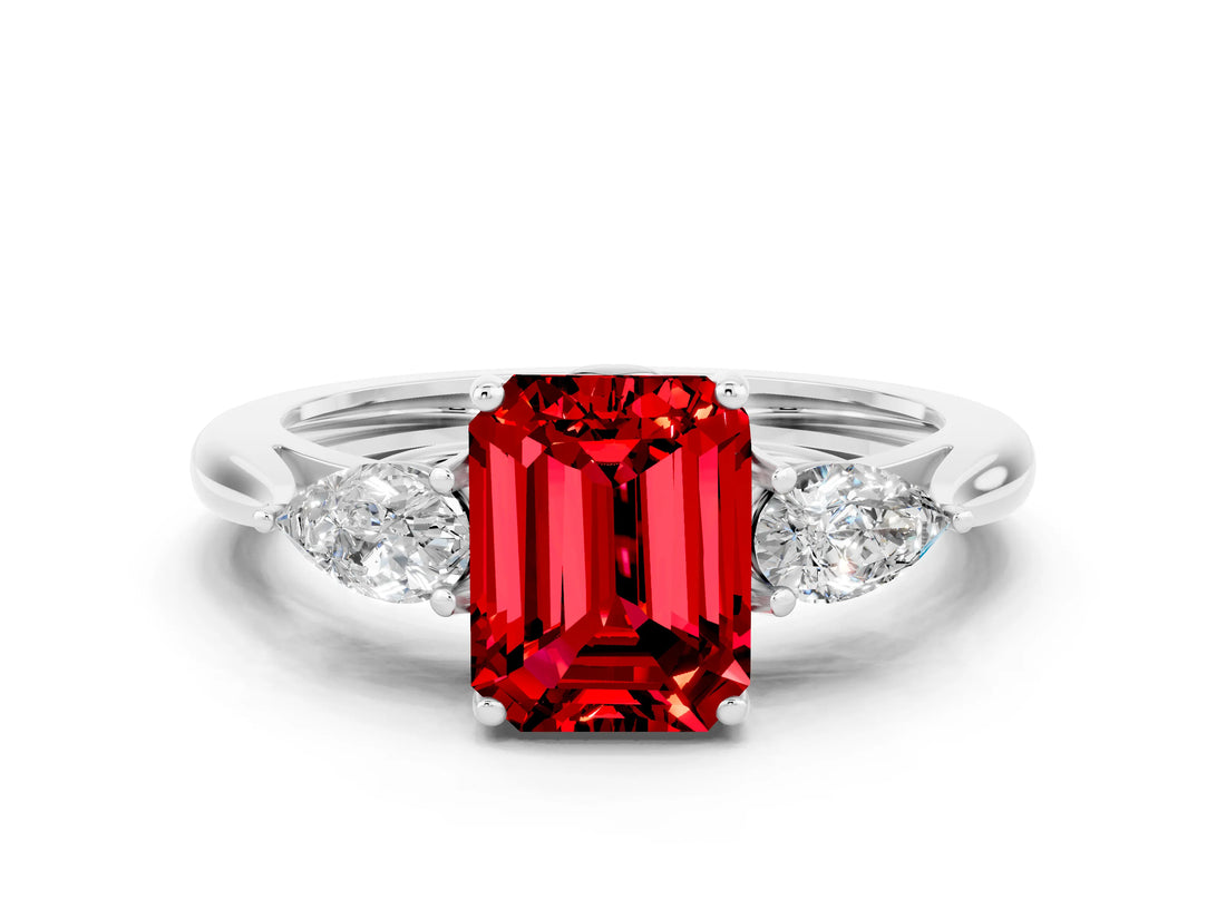 White gold Three-Stone Emerald Cut Ruby Ring with Pear  Side Stones in Four-Prong Setting_12