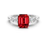 White gold Three-Stone Emerald Cut Ruby Ring with Pear  Side Stones in Four-Prong Setting_12