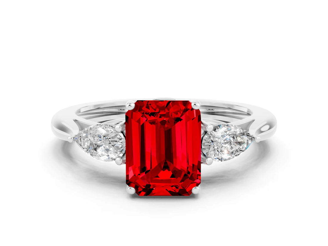 White gold Three-Stone Emerald Cut Ruby Ring with Pear  Side Stones in Four-Prong Setting_48