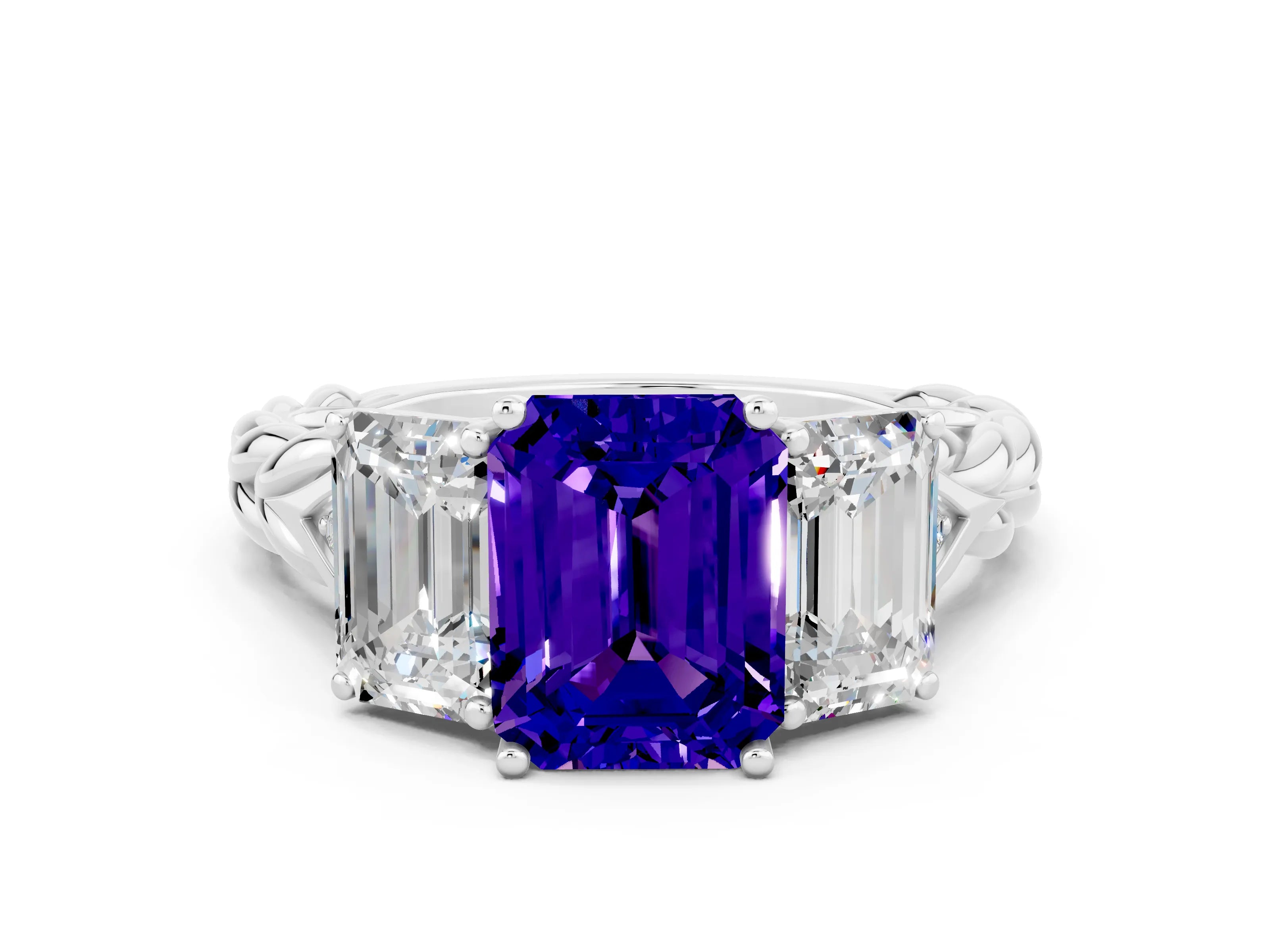 White gold Three-Stone Emerald Cut Tanzanite Braided Band Ring with Four-Prong Setting_36