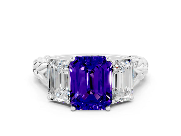 Platinum Three-Stone Emerald Cut Tanzanite Braided Band Ring with Four-Prong Setting