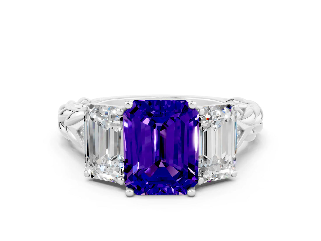 White gold Three-Stone Emerald Cut Tanzanite Braided Band Ring with Four-Prong Setting_36